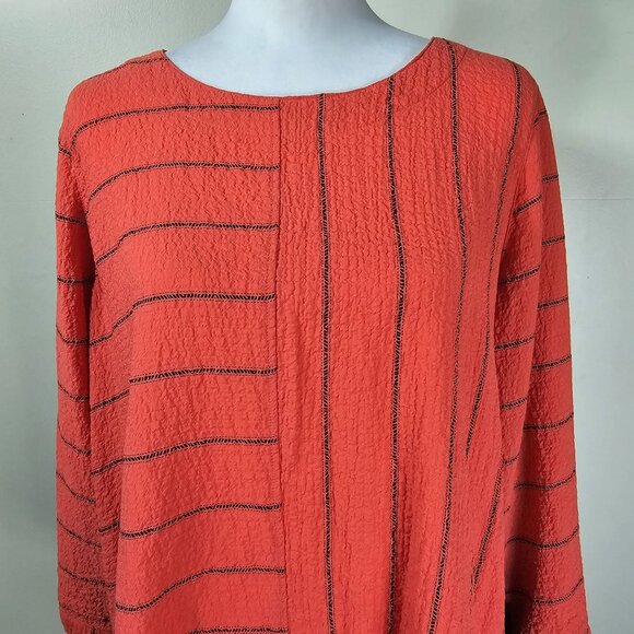 Ali Miles Orange & Black Striped Tunic L Crepe Stretch Colorblock Boho Lagenlook - Picture 4 of 9